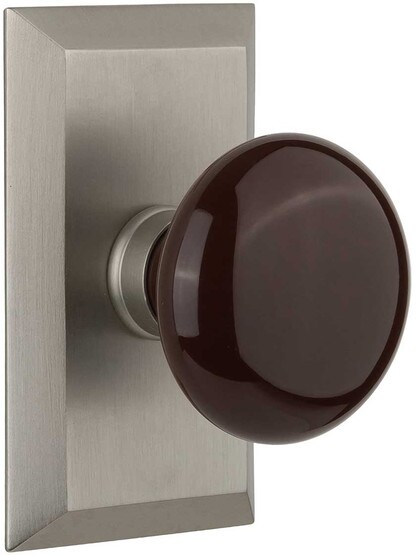 New York Rosette Door Set with Brown Porcelain Knobs in Satin Nickel.